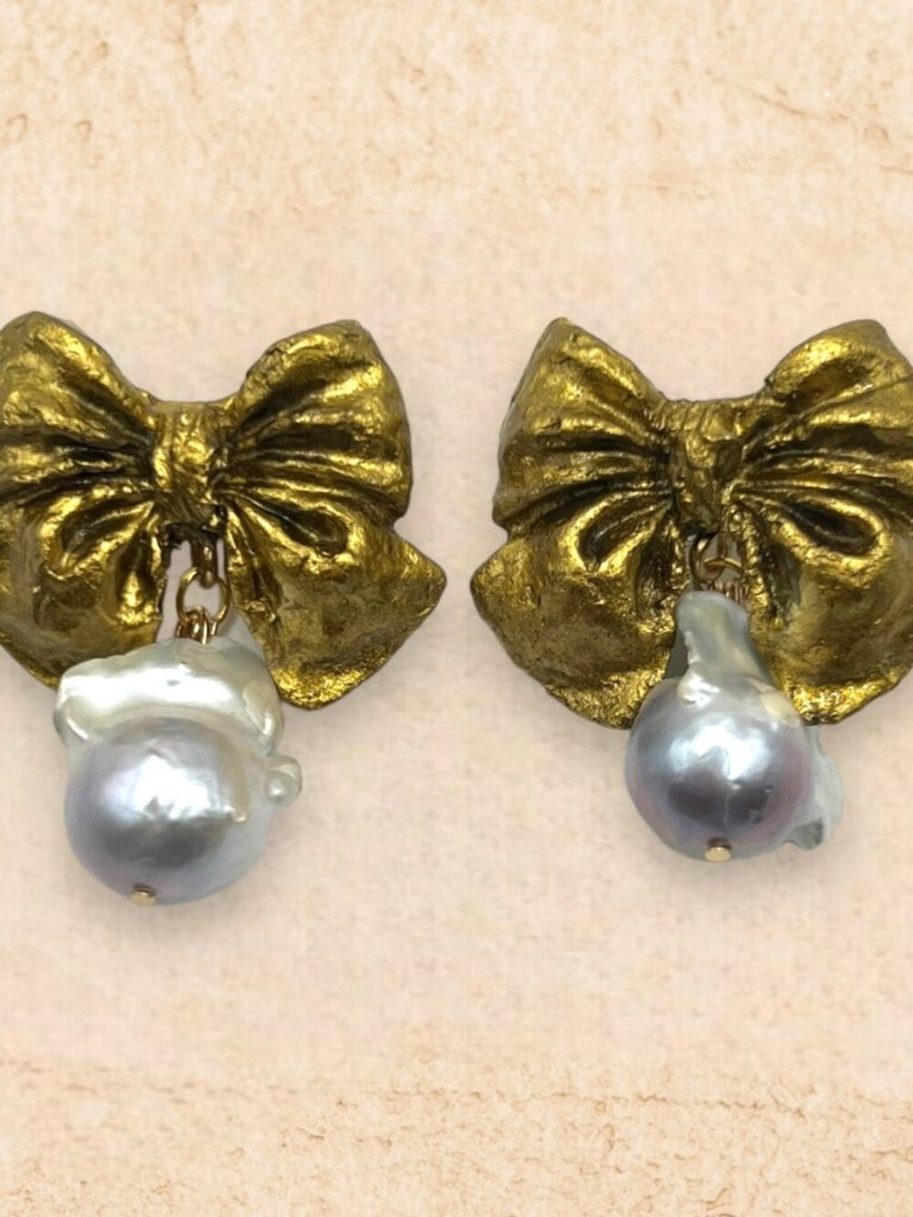 Handmade Papier-Mâché Gold Leaf Bow Earrings with Baroque Pearl
